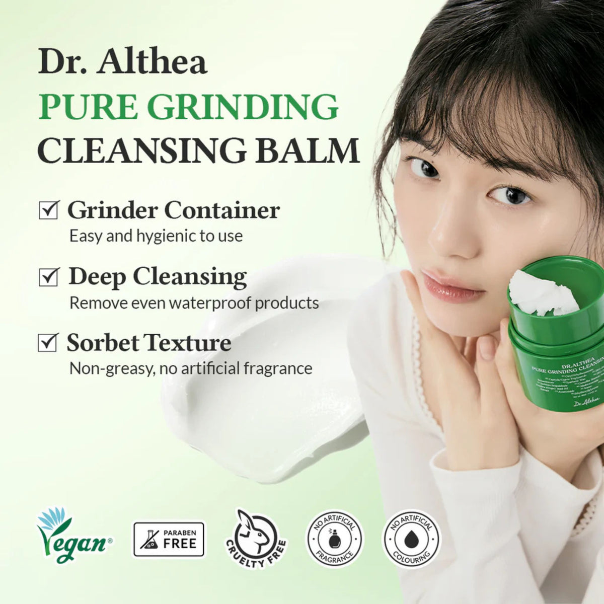 Korean model holding Dr. Althea Pure Grinding Cleansing Balm, highlighting deep cleansing effect for waterproof makeup, sorbet balm texture, vegan, paraben-free, cruelty-free formula for sensitive skin care