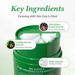 “Dr. Althea Pure Grinding Cleansing Balm key ingredients infographic with Camellia Sinensis Seed Oil for moisturizing, Vitis Vinifera Grape Seed Oil for deep cleansing, and Madecassoside for soothing and calming sensitive skin.