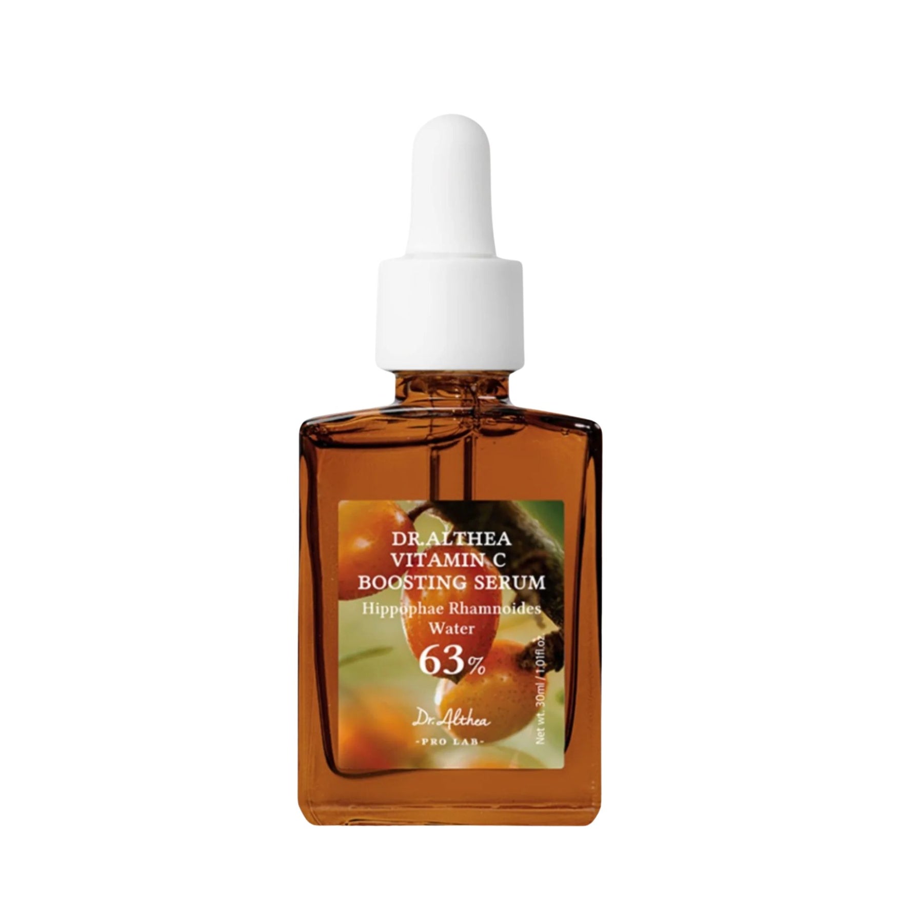 Dr. Althea Vitamin C Boosting Serum 30ml in amber dropper bottle, Korean brightening serum with 63% Hippophae Rhamnoides Water, designed to reduce pigmentation and promote radiant skin.