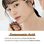 Korean model applying Dr. Althea Vitamin C Boosting Serum with dropper, featuring tranexamic acid to minimize discoloration, even out skin tone, and brighten dull complexion without irritation.