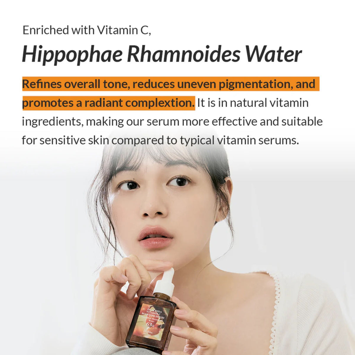 Dr. Althea Vitamin C Boosting Serum enriched with Hippophae Rhamnoides Water, refines overall tone, reduces uneven pigmentation, and promotes glowing complexion, suitable for sensitive skin types.