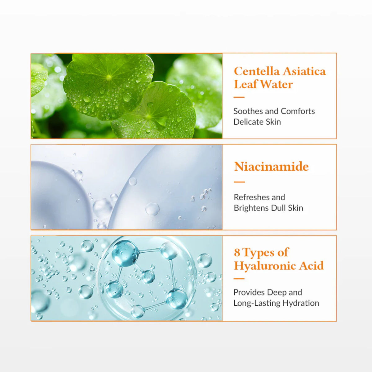 Key ingredients of Dr. Althea Vitamin C Boosting Serum: Centella Asiatica Leaf Water for soothing, Niacinamide for brightening dull skin, and 8 types of Hyaluronic Acid for deep hydration and plump skin.