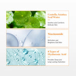 Key ingredients of Dr. Althea Vitamin C Boosting Serum: Centella Asiatica Leaf Water for soothing, Niacinamide for brightening dull skin, and 8 types of Hyaluronic Acid for deep hydration and plump skin.