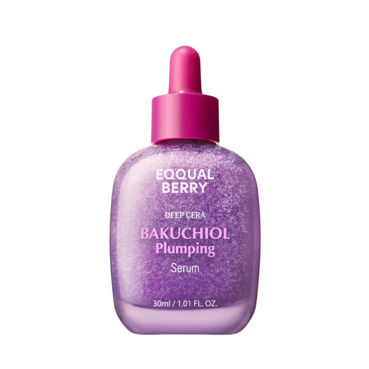 Eqqualberry Bakuchiol Plumping Serum 30ml in purple bottle with pink dropper — anti-aging, plumping, and hydrating Korean skincare serum.