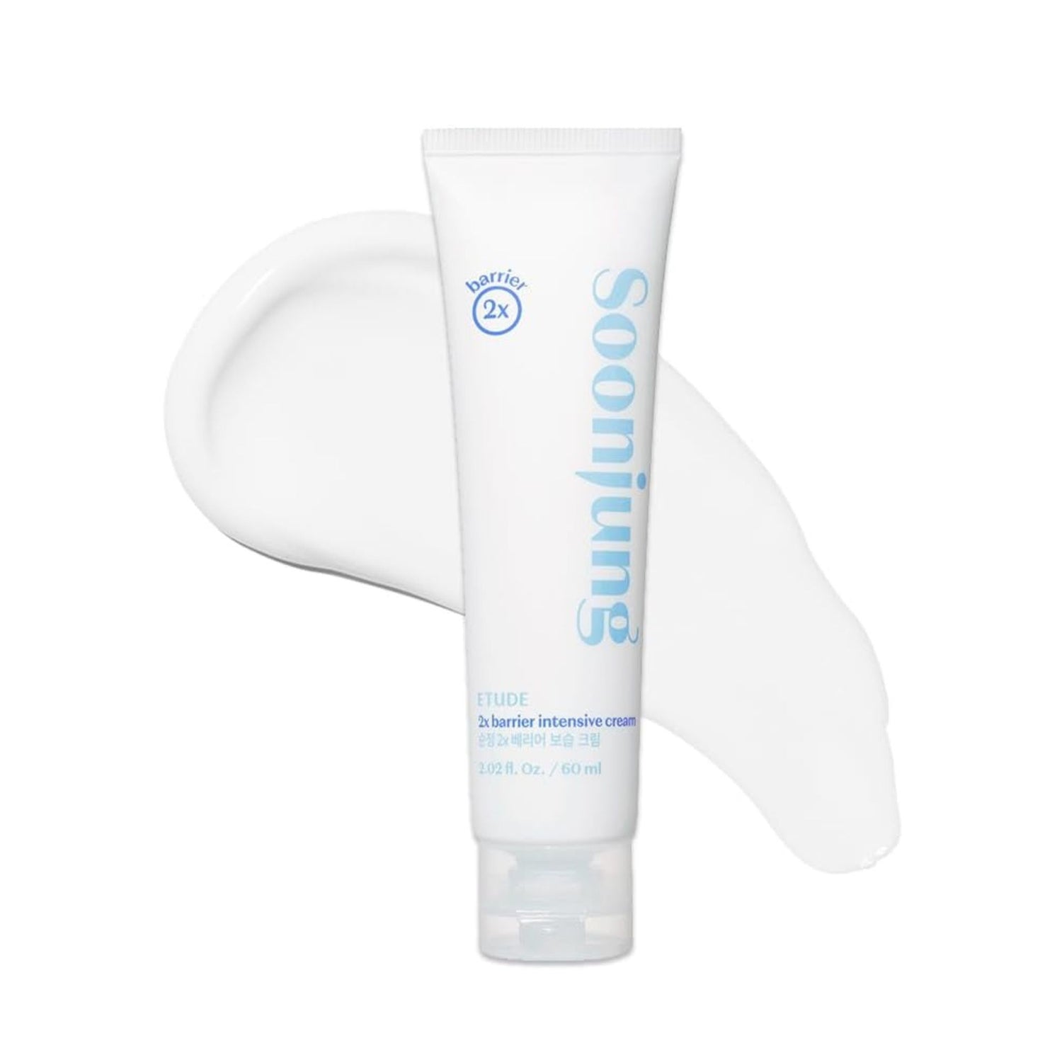 Etude House Soon Jung 2x Barrier Intensive Cream 60ml tube with creamy white texture for sensitive skin barrier repair and deep hydration