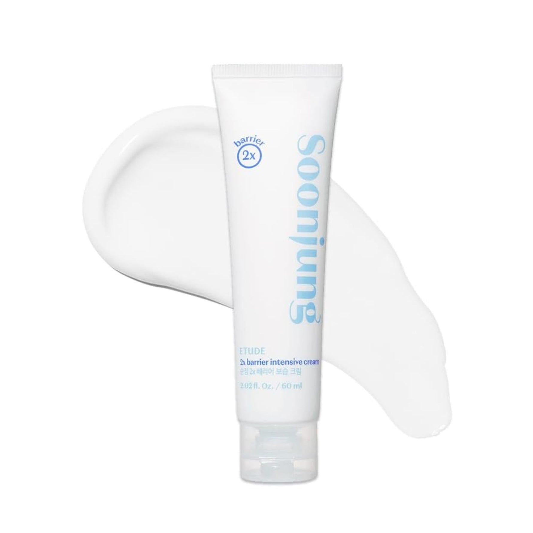 Etude House Soon Jung 2x Barrier Intensive Cream 60ml tube with creamy white texture for sensitive skin barrier repair and deep hydration