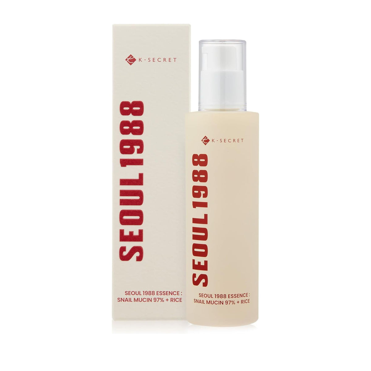 K-SECRET Seoul 1988 Essence with packaging – brightening and repairing essence formulated with 97% snail mucin and rice extract