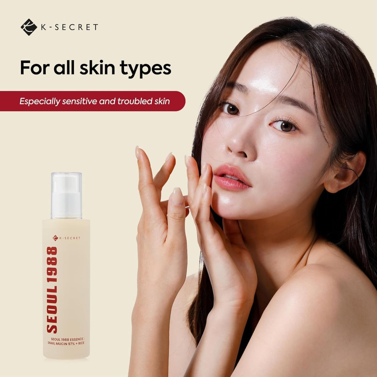 Model applying K-SECRET Seoul 1988 Essence – lightweight snail mucin and rice essence for all skin types including sensitive skin