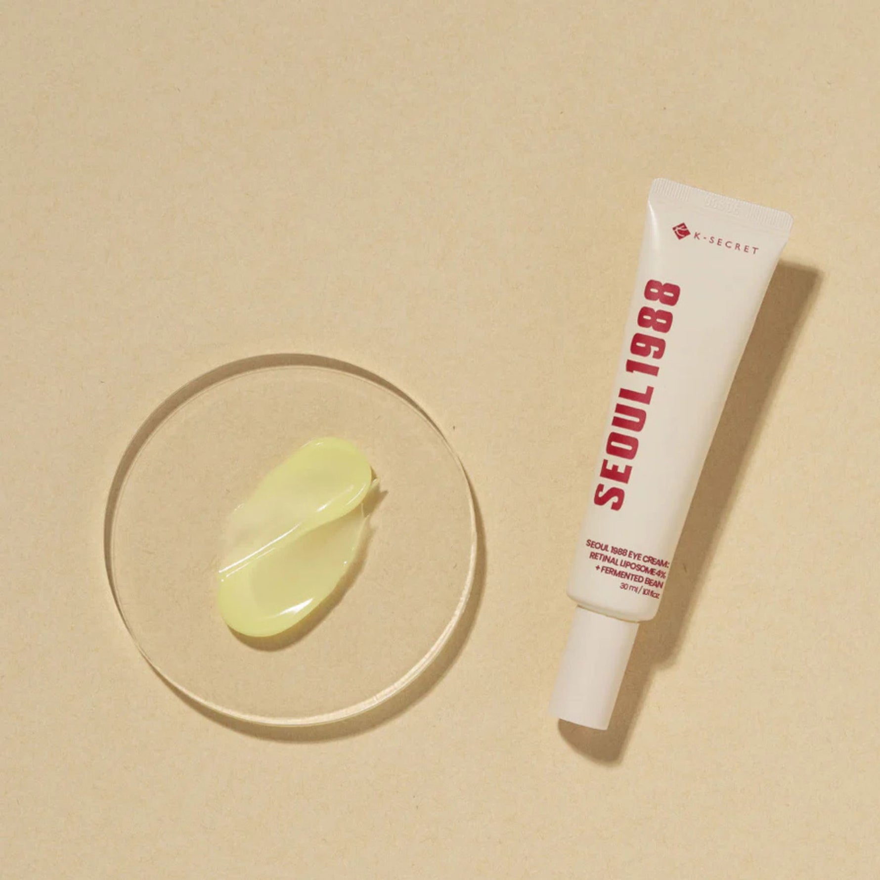 K-Secret Seoul 1988 Eye Cream texture – smooth yellow cream with Retinal Liposome 4% and Fermented Bean extract