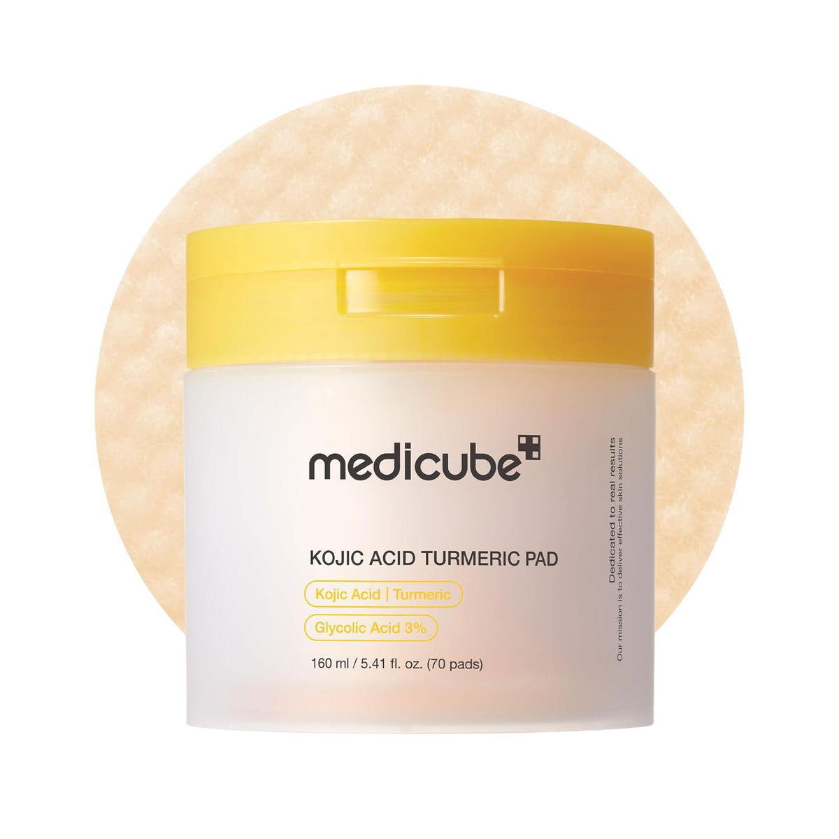 Medicube Kojic Acid Turmeric Pad 70 pads jar with Kojic Acid, Turmeric, and 3% Glycolic Acid on pad texture background