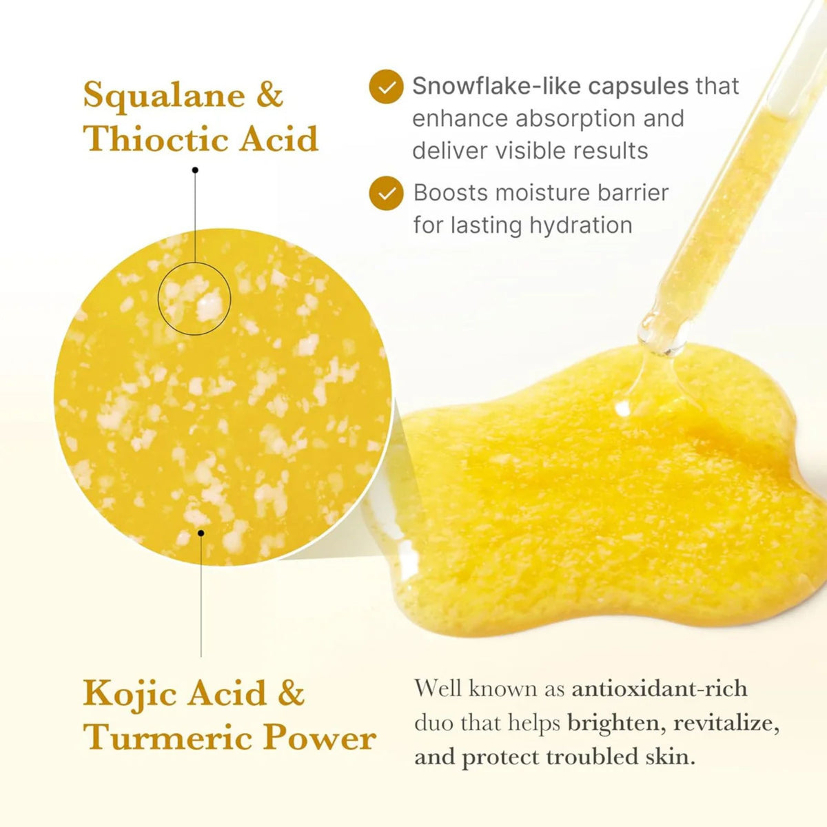 Medicube Kojic Acid Turmeric Niacinamide Serum ingredient infographic highlighting kojic acid, turmeric, squalane, and antioxidant brightening benefits