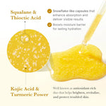 Medicube Kojic Acid Turmeric Niacinamide Serum ingredient infographic highlighting kojic acid, turmeric, squalane, and antioxidant brightening benefits