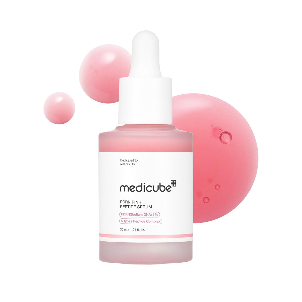 Medicube PDRN Pink Peptide Serum 30ml featuring PDRN sodium DNA and peptide complex for firm, smooth, youthful-looking skin