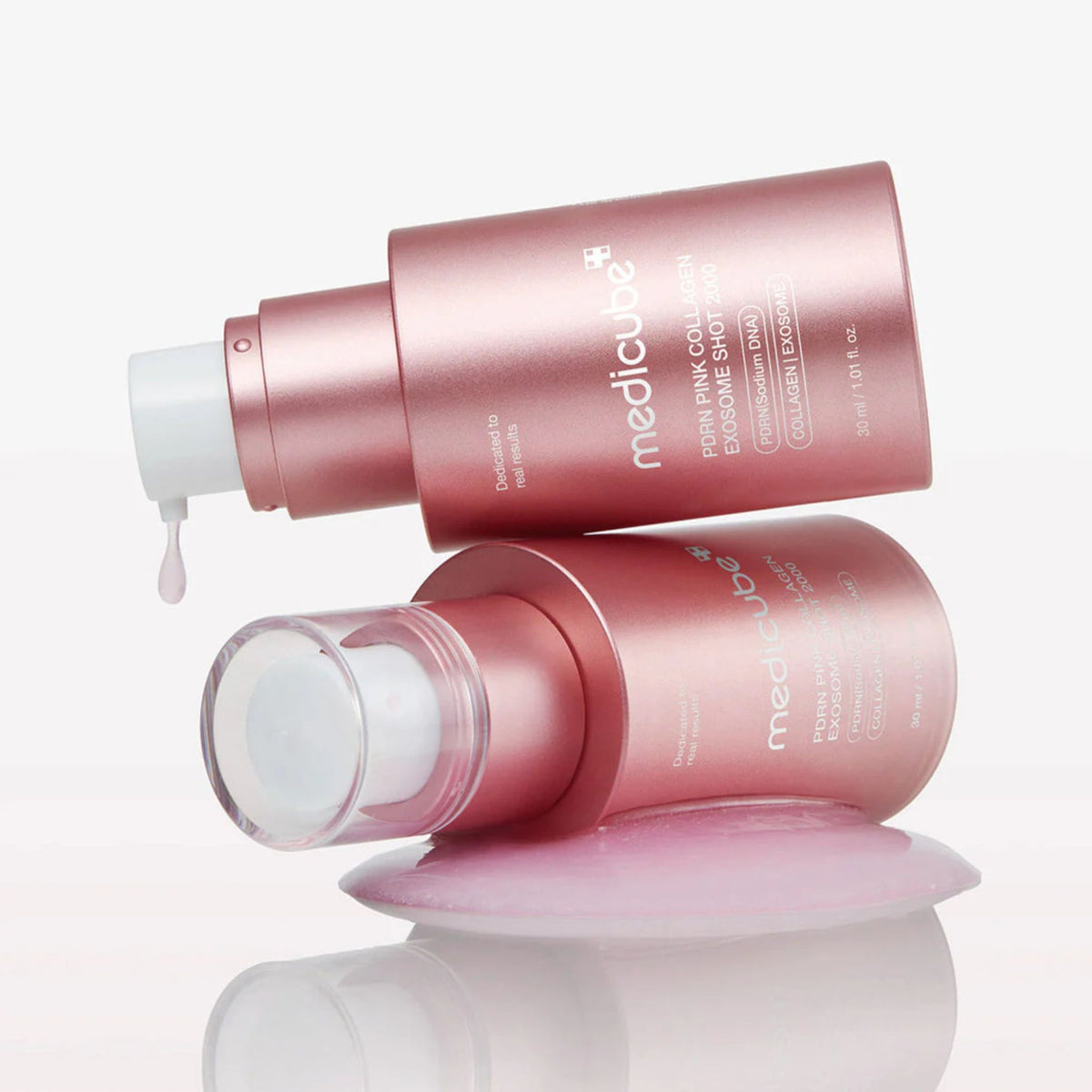 Medicube PDRN Pink Collagen Exosome Shot 7500 Korean anti-aging serum bottle with pump dispenser and lightweight pink formula
