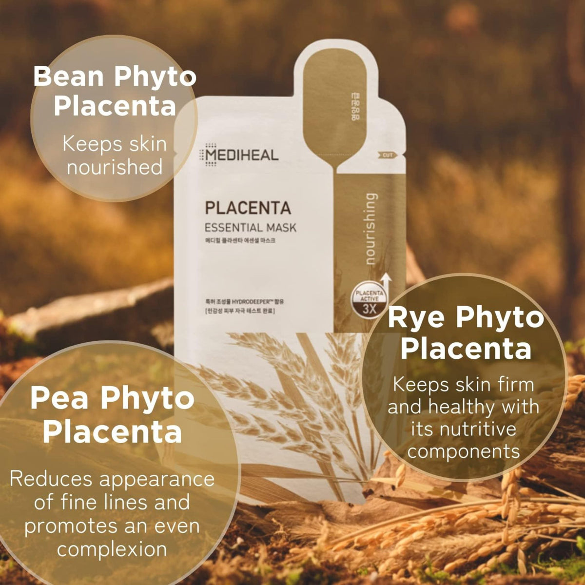 Mediheal Placenta Essential Mask – nourishing sheet mask with bean, pea, and rye phyto placenta for firm, hydrated, and radiant skin
