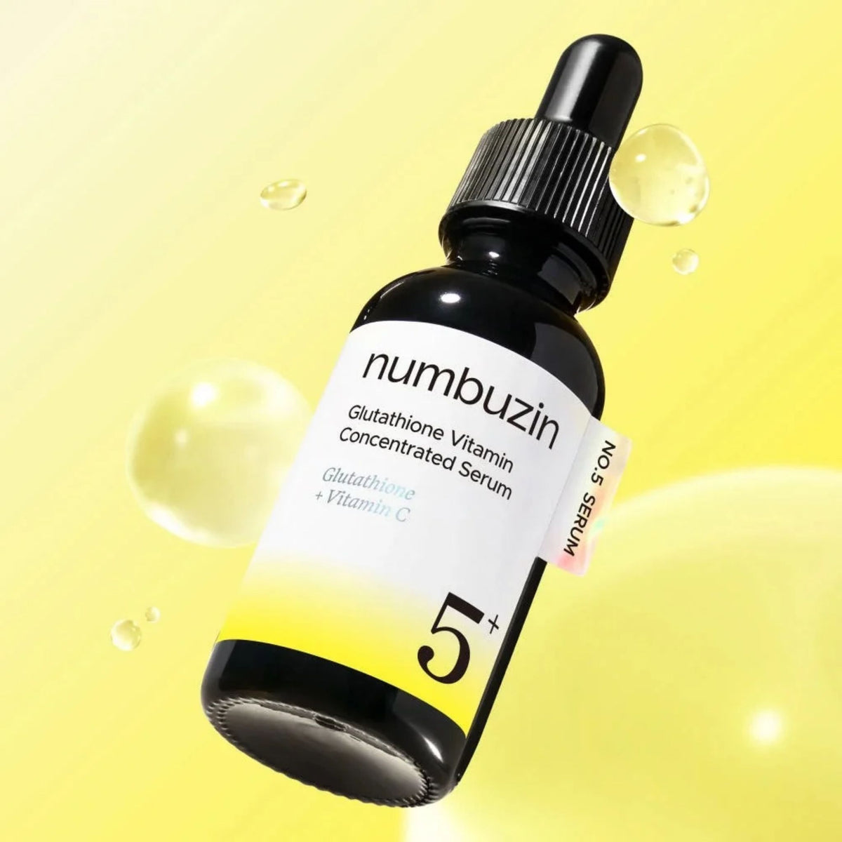 numbuzin No.5+ Glutathione Vitamin Serum dropper bottle with serum droplets – K-beauty vitamin C serum for dull skin