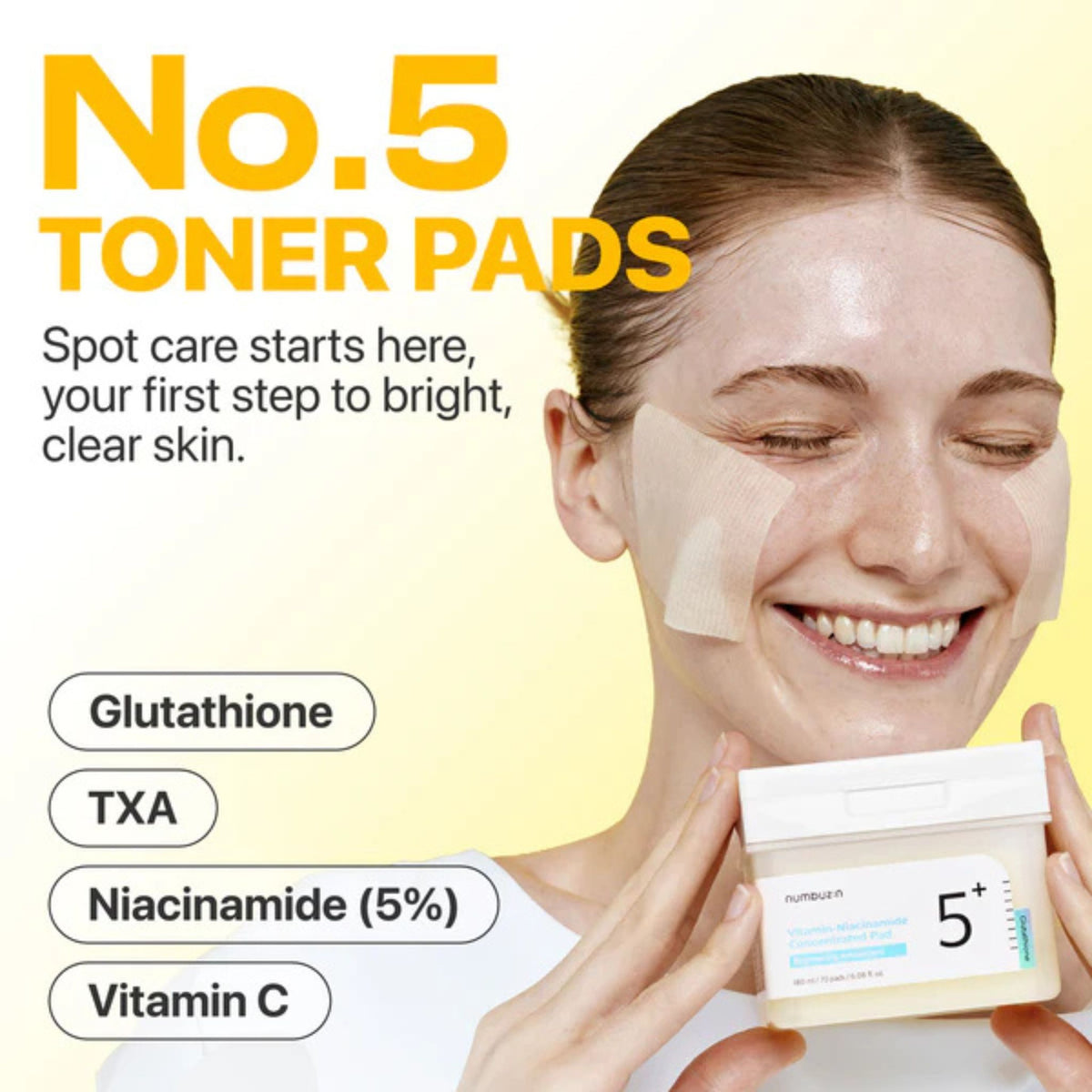 numbuzin No.5+ Toner Pads with Glutathione, TXA, Niacinamide 5%, and Vitamin C for bright, clear skin