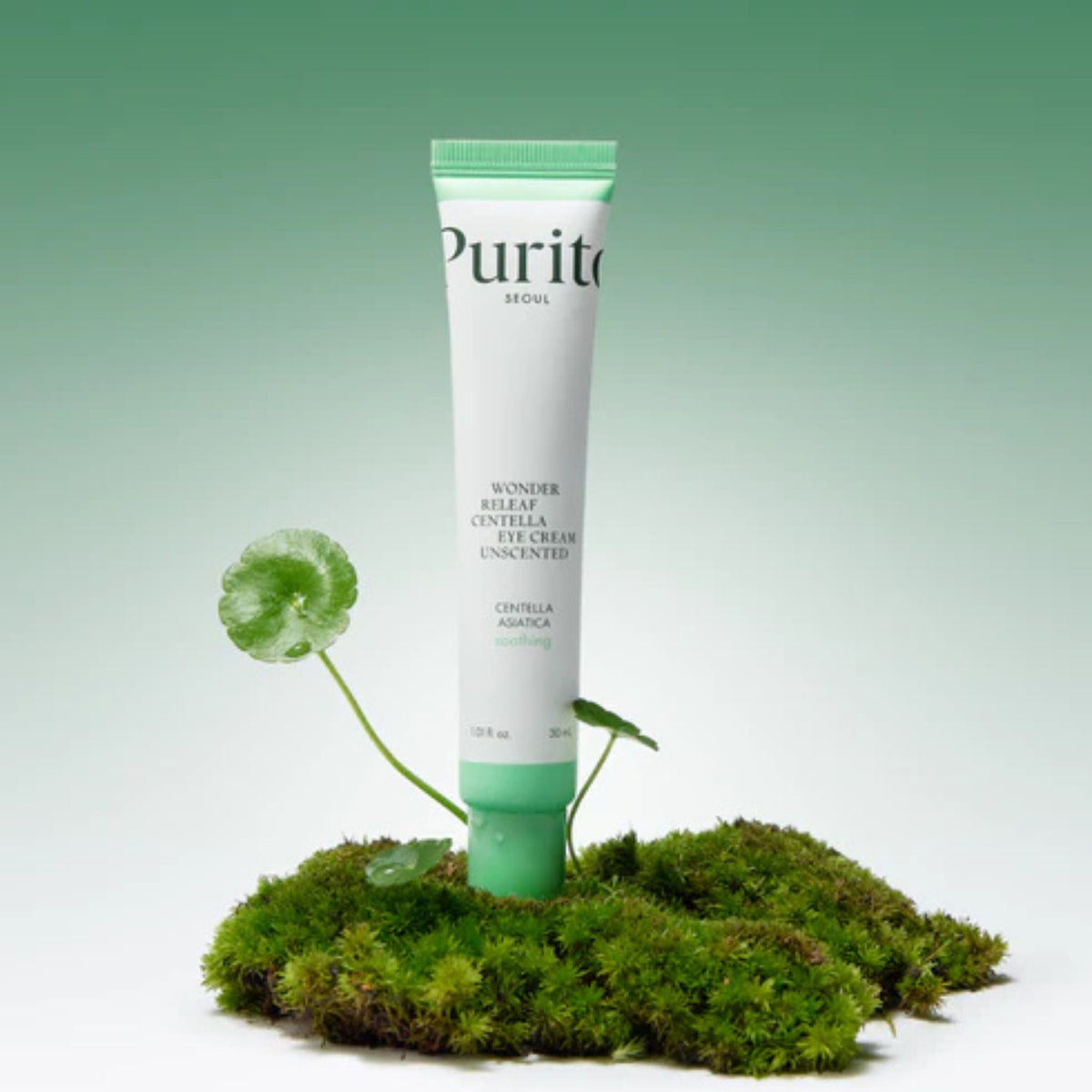 Purito Centella Eye Cream Unscented – calming vegan eye cream with Centella Asiatica displayed on fresh green moss