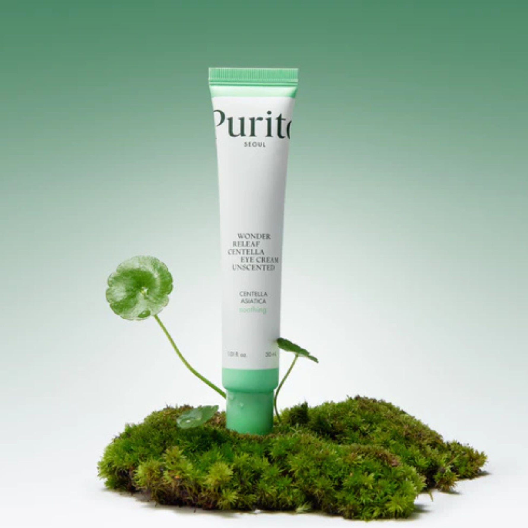 Purito Centella Eye Cream Unscented – calming vegan eye cream with Centella Asiatica displayed on fresh green moss