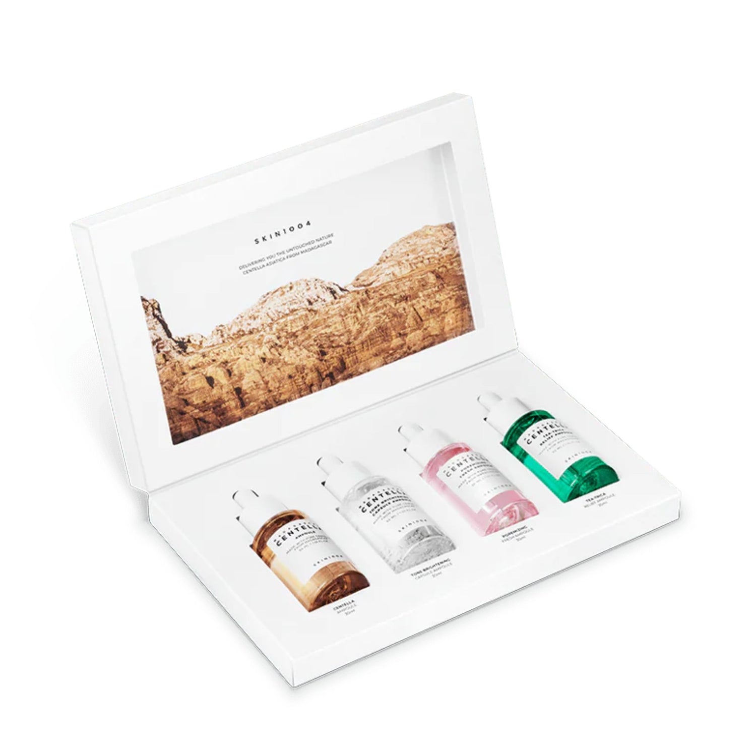 Skin1004 Madagascar Centella Ampoule Kit open box with four mini ampoules – soothing, brightening, pore care, and acne relief serums
