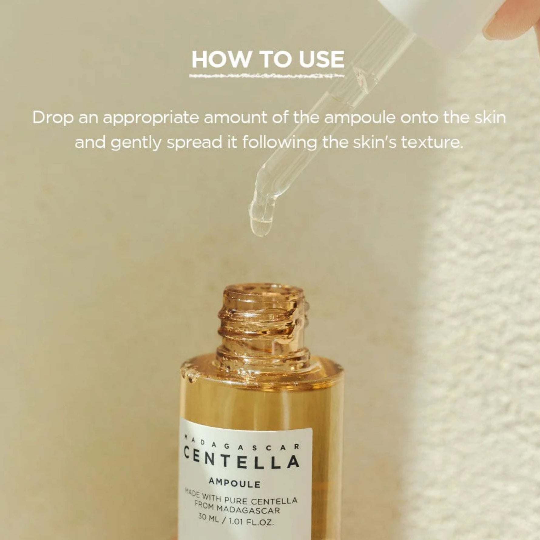 Skin1004 Madagascar Centella Original Ampoule dropper showing lightweight hydrating serum texture