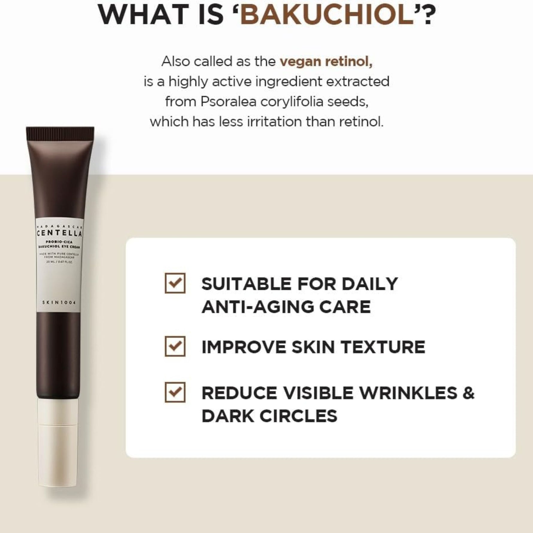 Bakuchiol vegan retinol eye cream by Skin1004 Madagascar Centella, benefits include reducing wrinkles, dark circles, and improving skin texture