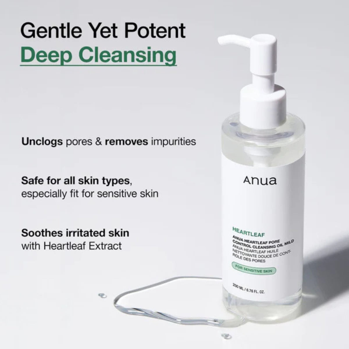 Anua Heartleaf Pore Cleansing Oil Mild 200ml — Korean cleansing oil with heartleaf extract for gentle yet potent deep cleansing, unclogging pores, soothing irritation, and safe for sensitive skin.