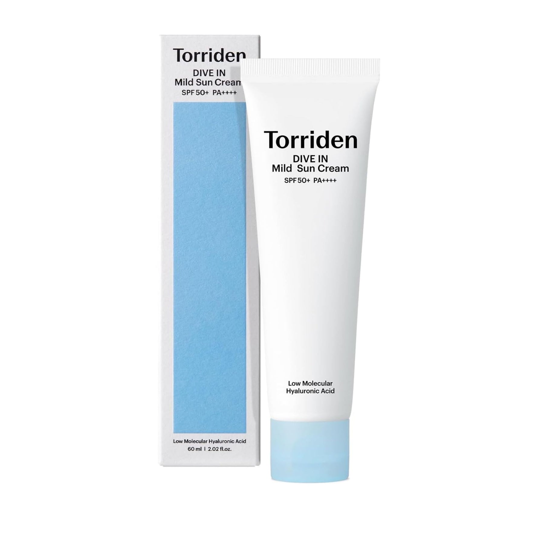 Torriden DIVE-IN Mild Sun Cream SPF 50+ PA++++ — lightweight Korean sunscreen with low-molecular hyaluronic acid for deep hydration and UV protection